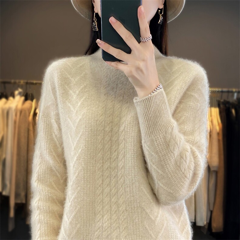 秋冬新款100%纯羊毛衫女半高领扭花加厚毛衣宽松羊绒衫针织打底衫图片