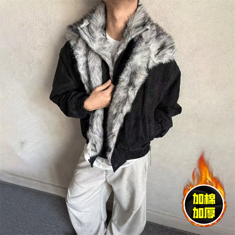 现货高品质美式高街重磅狼王座山雕毛毛领假两件棉衣加厚棉服外套，男装棉衣，电商A486