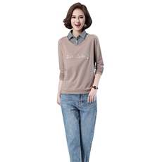 假两件纯棉套头卫衣女2021春秋新款polo领长袖字母印花宽松上衣，女装卫衣/绒衫，伊满意