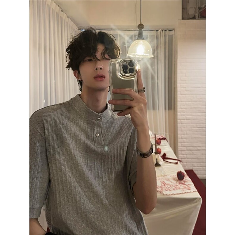美式复古高级感亨利领短袖T恤男夏季休闲百搭老钱风上衣,男装T恤,星座410-6（原星座1304-1）