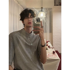 美式复古高级感亨利领短袖T恤男夏季休闲百搭老钱风上衣，男装T恤，星座410-6（原星座1304-1）