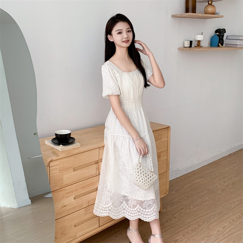 温柔风超好看法式泡泡袖长裙女夏季新款小个子蕾丝刺绣印花连衣裙,商品下架区,网红馆
