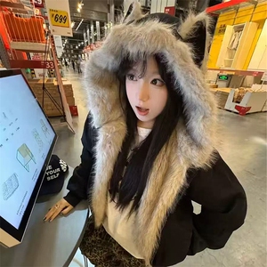现货重磅硬挺boxy羽绒棉衣座山雕猫耳大毛毛领麂皮棉服冬外套