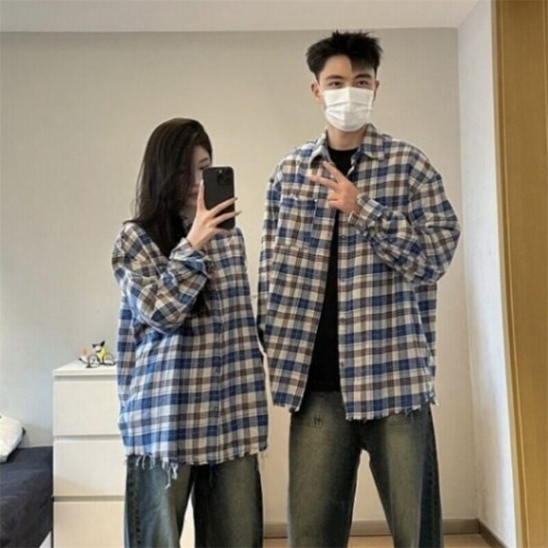 美式复古春秋新款简约毛边蓝色条纹拼接衬衫外套男百搭休闲情侣款,男装衬衫,星座506A