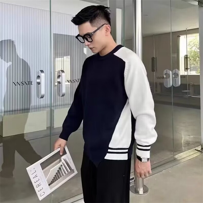2026新款拼接毛衣男秋冬季不规则复古潮牌宽松百搭撞色圆领针,男装针织衫/毛衣,星座218-1（原230）