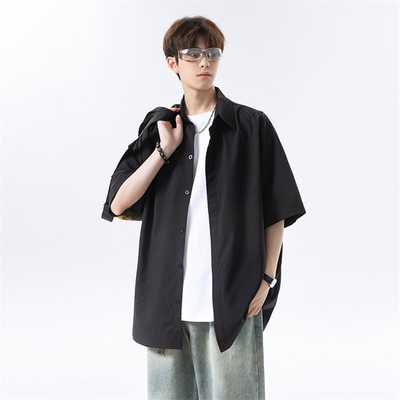 学院风冰丝短袖衬衫男夏季薄款宽松潮流百搭oversize港风半袖衬衣，男装衬衫，电商A007