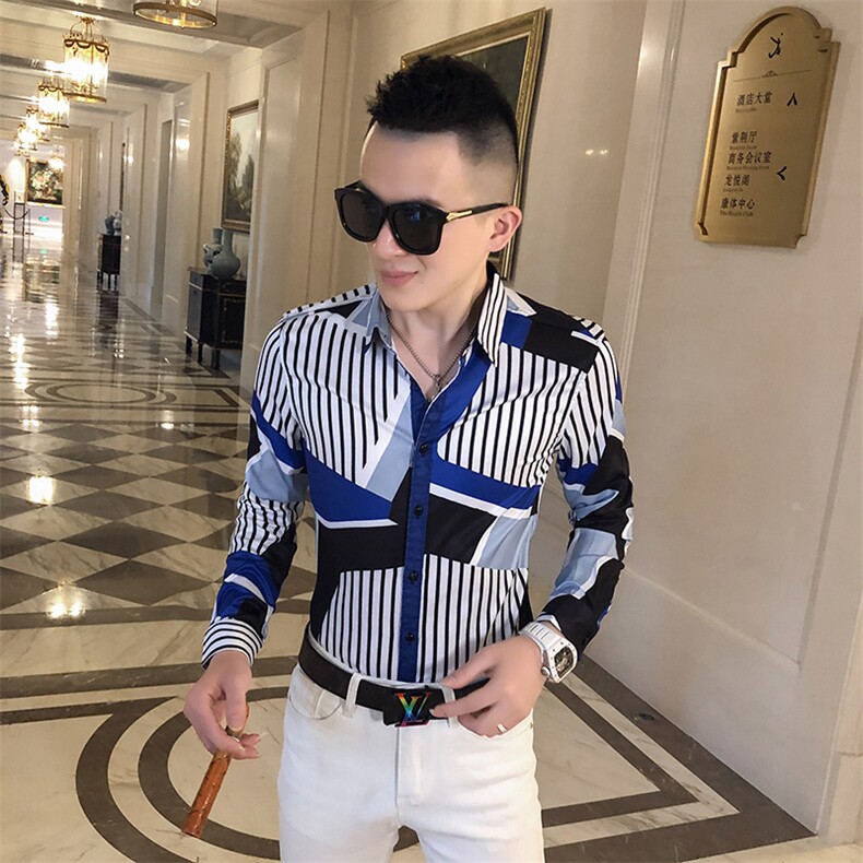 2021春秋衬衫社会男长袖上衣菱格男装韩版修身四季潮流衬衣Q604-P55图片