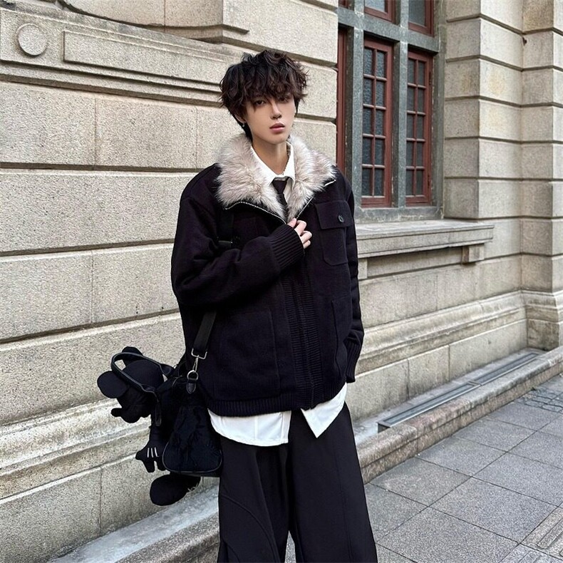 美式毛领座山雕棉服男款冬季加绒加厚针织衫毛衣外套短款保暖棉衣,男装针织衫/毛衣,星座506A