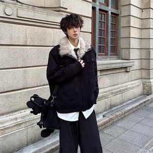 美式毛领座山雕棉服男款冬季加绒加厚针织衫毛衣外套短款保暖棉衣图片