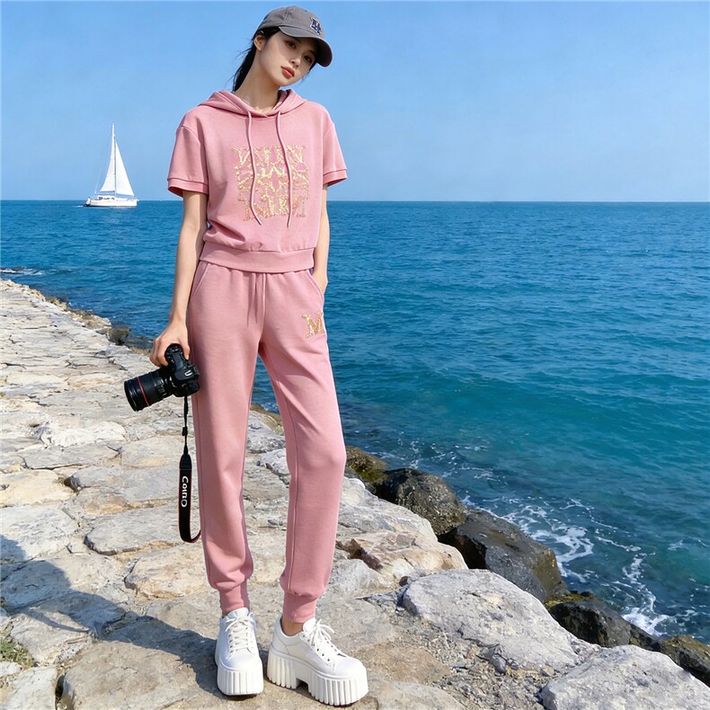 时尚减龄休闲套装女夏季新款粉色连帽短袖卫衣休闲束脚长裤两件套,女装套装/套裙,江南