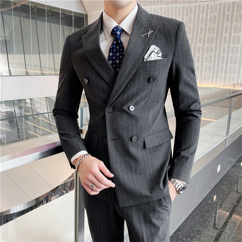 新郎西服套装男士结婚礼服韩版修身条纹双排扣西装男套装四季正装,男装西服套装,星座505-2（原电商A260-1)