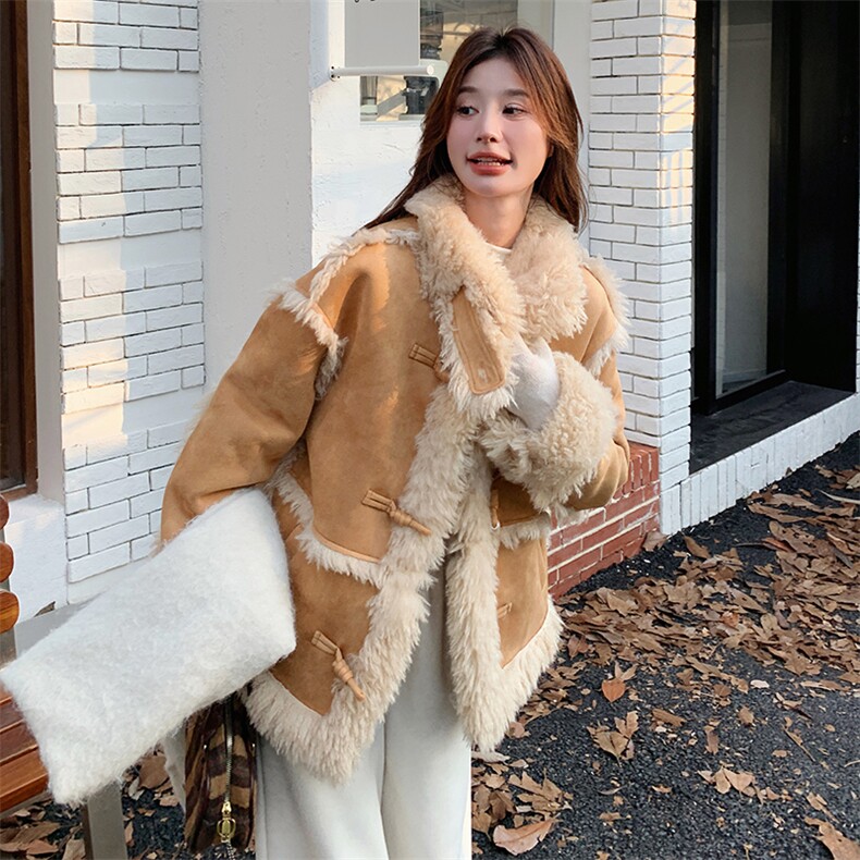 麂皮绒皮毛一体羊羔毛外套女2024冬新款时尚宽松毛茸茸机车服棉服,女装羊羔毛/颗粒绒,秋水欣儿