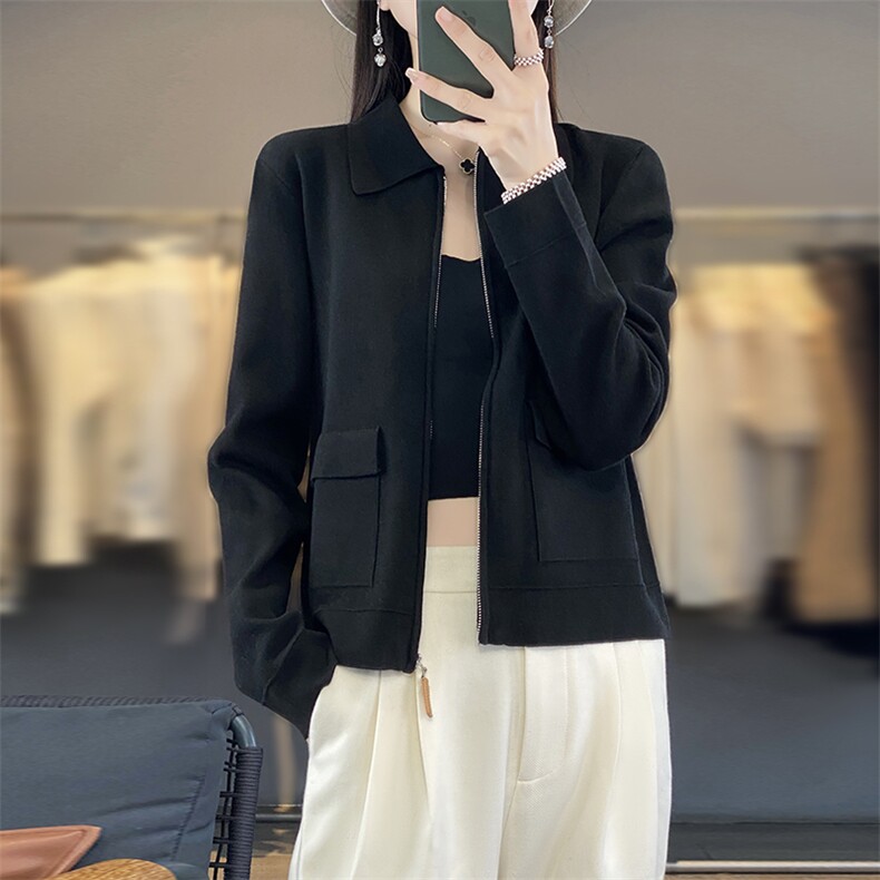 2025春季新款精仿羊毛针织开衫女POLO领外套纯色百搭上衣拉链外套,女装羊毛衫,优麦羊绒（原洪叶羊绒）