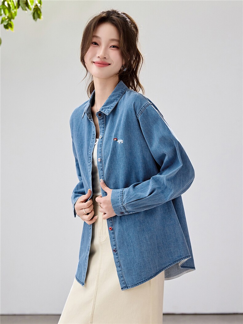 韩系松弛感牛仔衬衫女2026春款刺绣彩扣叠穿百搭长袖上衣宽松显瘦,女装衬衫,艾米