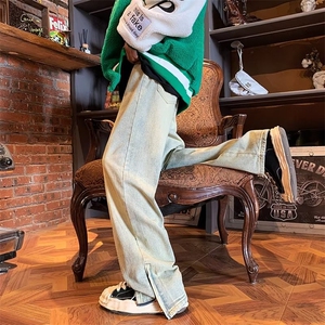 黄泥染牛仔裤男高街vibe复古做旧直筒裤美式宽松休闲裤子~N3805图片