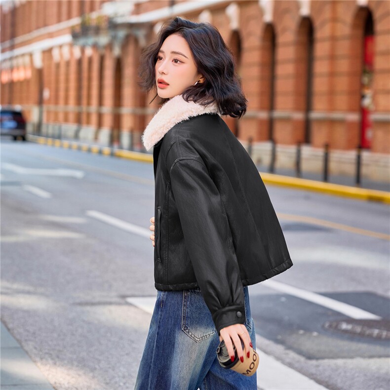 现货BAO款皮棉服女2025冬季新款保暖毛领羽绒棉PU皮衣短外套上衣,女装皮衣,美拉德工厂直营店