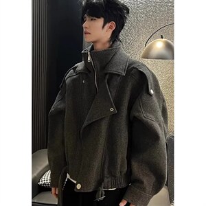 假两件短款毛呢大衣男秋冬痞帅美式结构呢子风衣外套 J7246图片