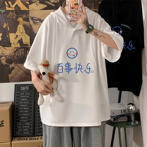 LD54183-P45 连帽短袖t恤男大码胖子带帽五分袖中袖 海报风图片