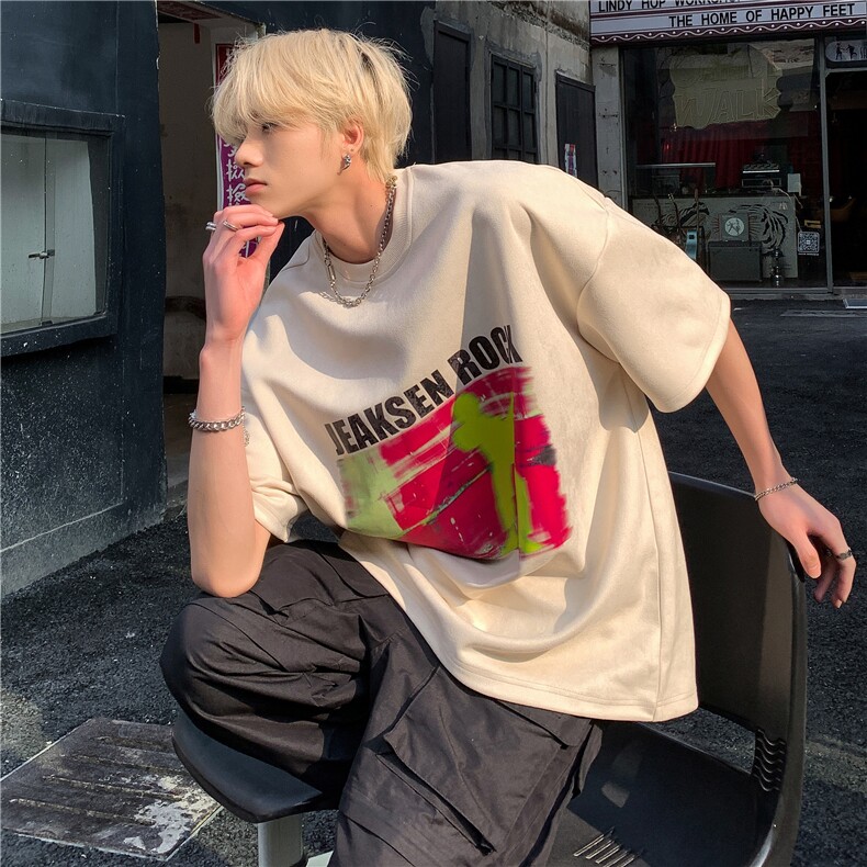 ins潮美式街头摇滚男孩印花短袖麂皮绒男生上衣JK23272-p45-控58,男装T恤,星座605(原A050)