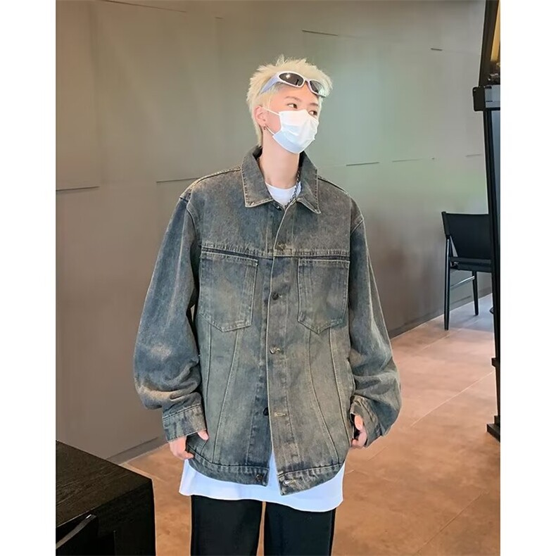 复古蓝牛仔外套男秋季美式复古水洗做旧夹克春秋款高级感痞帅衣服,男装工装外套,星座1210-1