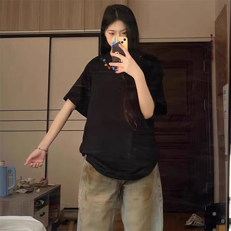 万针全刺绣工艺抖音得物高品质260克重磅纯棉双纱美式高街短袖T恤,男装T恤,电商A486-1