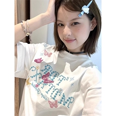 WASSUPSUN美式复古蝴蝶印花短袖t恤女夏季宽松设计感情侣男上衣，男装T恤，星座506A