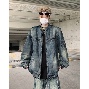 蓝色复古牛仔外套男高级感痞帅美式立领工装夹克cleanfit牛仔衣褂图片
