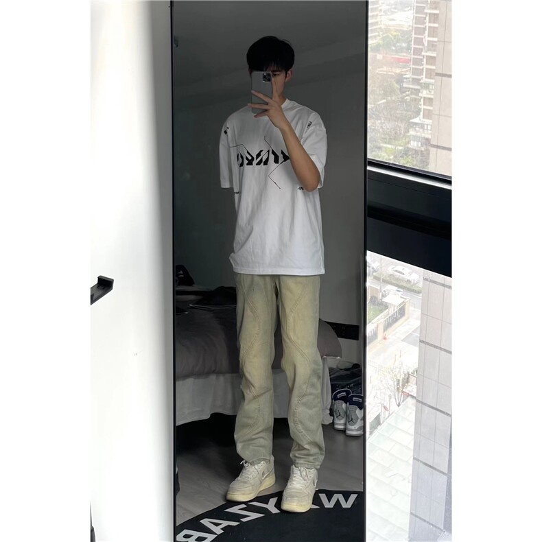 B221美式ins高街暗黑小众泥黄色休闲直筒牛仔裤LK23026-P60控78,男装牛仔裤,电商B221