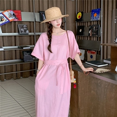 独特漂亮五分袖粉色连衣裙女夏2025新款超好看度假风收腰长裙及踝，女装连衣裙，2C016