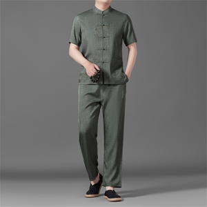中老年唐装男士立领爸爸夏季风棉麻套装衬衫套装，男装衬衫，钱塘6003B