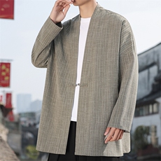 2026风男春夏长外套褂子盘扣条纹提花风衣仿麻披风J09-P105，男装风衣，电商B277(原6028)