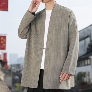 2026风男春夏长外套褂子盘扣条纹提花风衣仿麻披风 J09-P105图片
