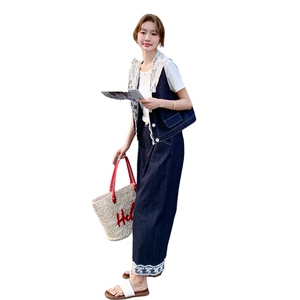 深蓝色盐甜系穿搭牛仔马甲套装女夏新款韩系宽松T恤阔腿裤三件套图片