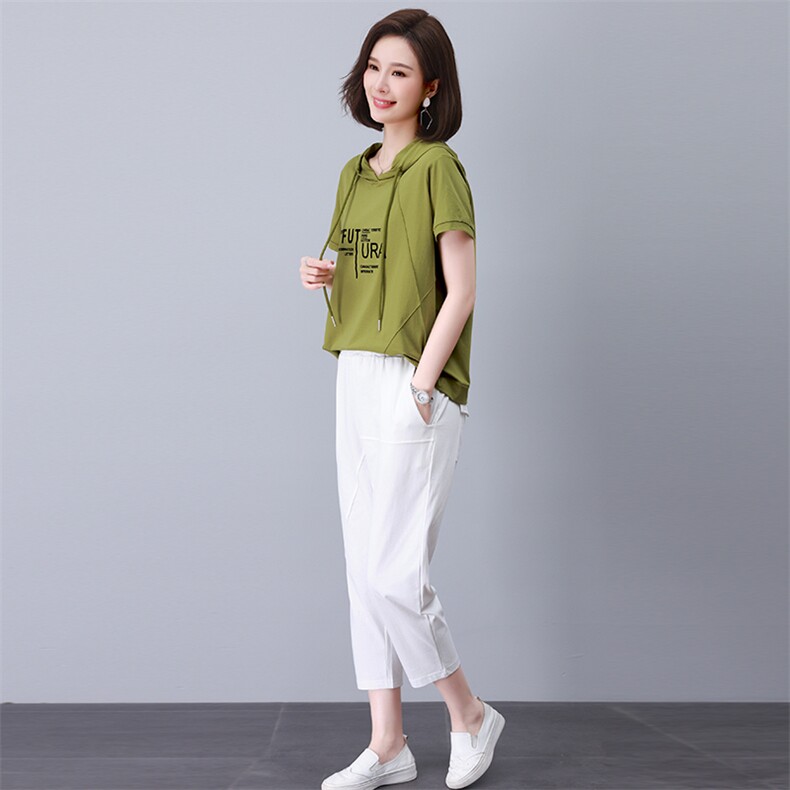 长期现货，2023夏装新款韩版宽松显瘦字母印花连帽休闲套装女大码,女装套装/套裙,涵誉