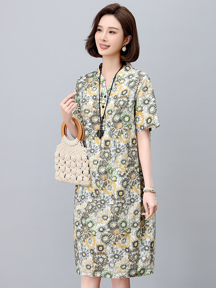 碎花连衣裙2025新款夏季纯棉超火宽松显瘦直筒裙中年妈妈休闲裙子,女装连衣裙,依恋蒂丝