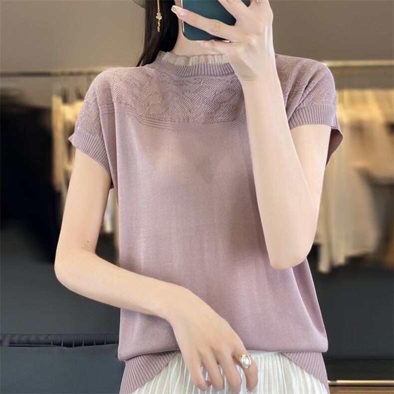 2024夏季新款天丝短袖T恤女宽松显瘦百搭半高领蕾丝拼接上衣,女装T恤,贵皇网供仓