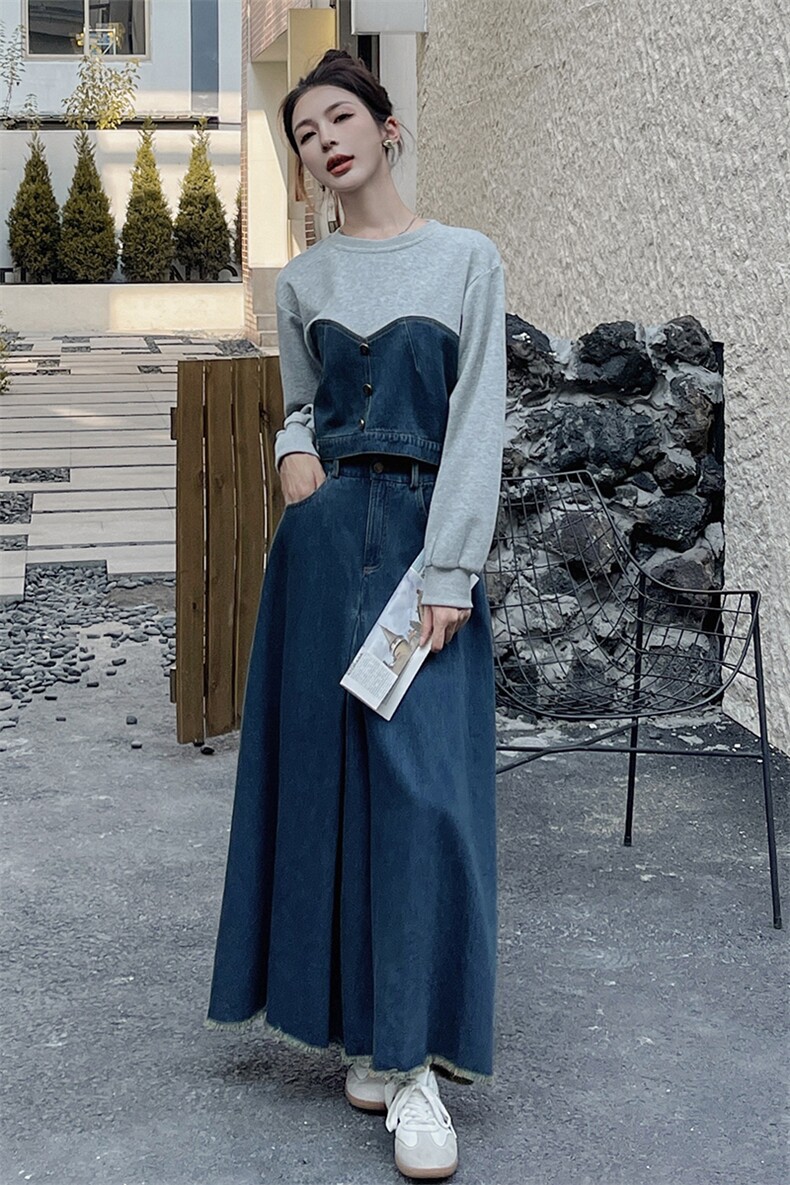 【新品首-发】秋季新品韩系简约甜美拼接牛仔套装2386-P165-K218,女装套装/套裙,浙宝285（原212）