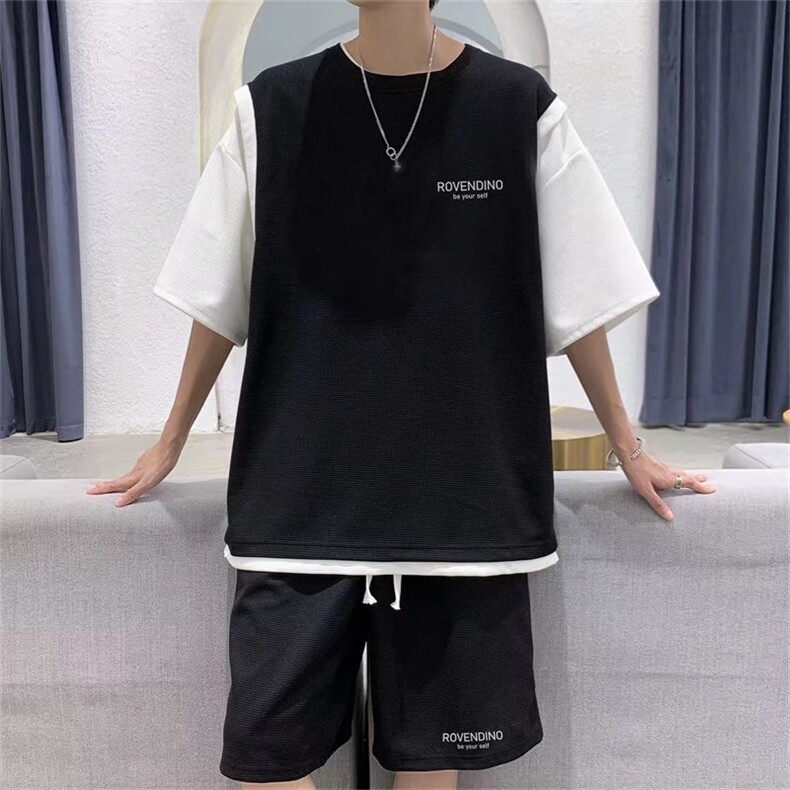 套装男韩版潮流短袖t2恤2023夏季新款ins宽松帅气运动装W2818-P47,男装休闲套装,星座412-3