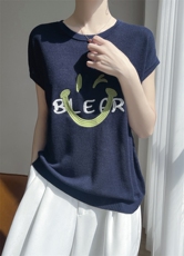 夏季莱赛尔天丝棉针织短袖女圆领T恤宽松笑脸刺绣桑蚕丝半袖上衣，女装T恤，凯思米羊绒