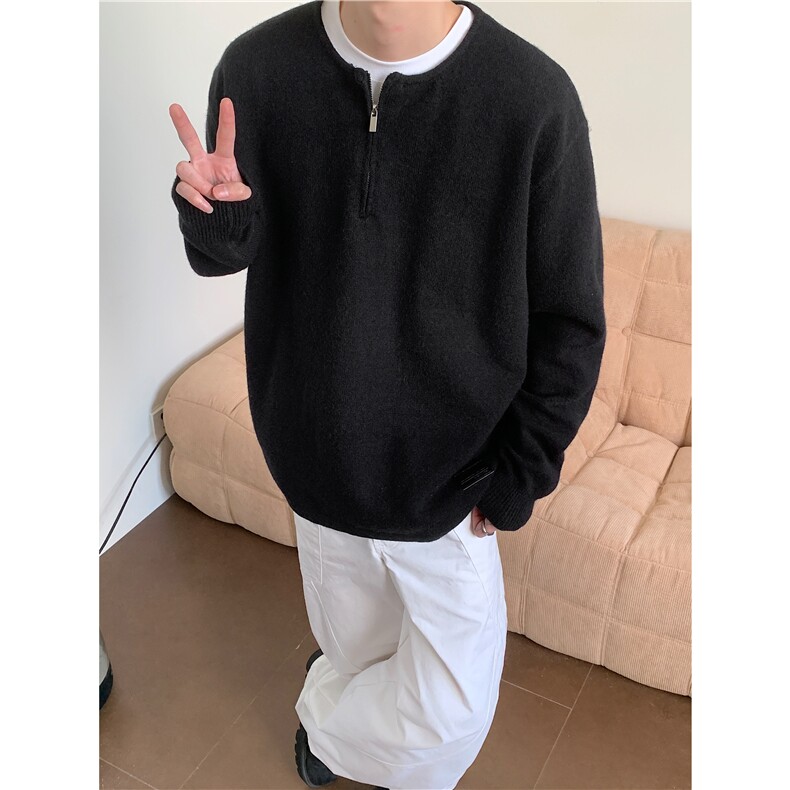 濮院毛衣美式复古无领纯色毛衣男半拉链运动针织衫LF718P65,男装针织衫/毛衣,电商D256