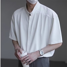 新中式立领男士衬衫短袖夏季冰丝痞帅高级感男装五分中袖无领衬衣，男装T恤，星座506A
