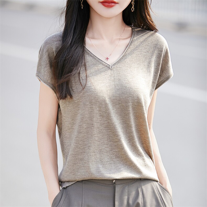 2025年夏季短袖T恤女夏季薄款天丝宽松百搭针织衫上衣,女装T恤,羿纯羊绒高端店