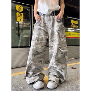 美式复古迷彩弯刀工装裤女新款街头宽松阔腿拖地裤子LN11166-P58图片