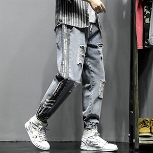 2021春秋季新日系大码束脚印花撞色拼接九分破洞牛仔裤男N8105-P50图片