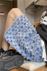 港风夏季新款牛仔裤潮流百搭格子宽松短裤B315-K23331-p50控68，男装牛仔裤，电商B315
