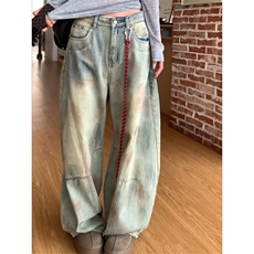 大码美式高街复古弯刀牛仔裤女早秋季新款胖MM显瘦宽松阔腿拖地裤，男装牛仔裤，星座506A
