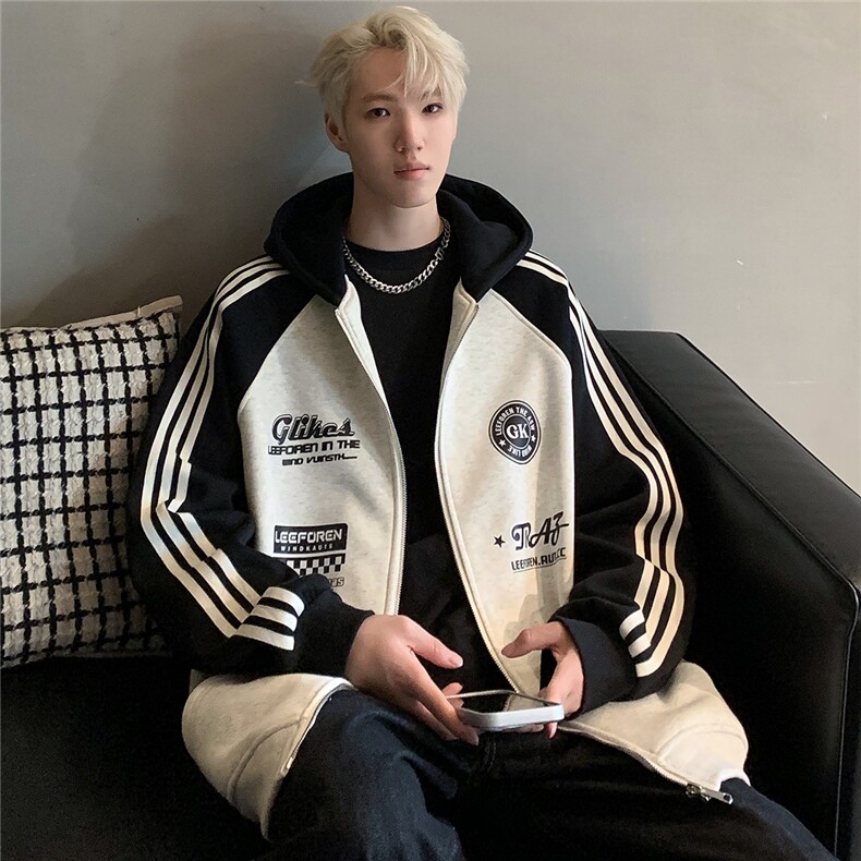 美式复古卫衣外套男春秋条纹拼接撞色插肩袖连帽开衫男JK109-P78,男装卫衣,电商C307