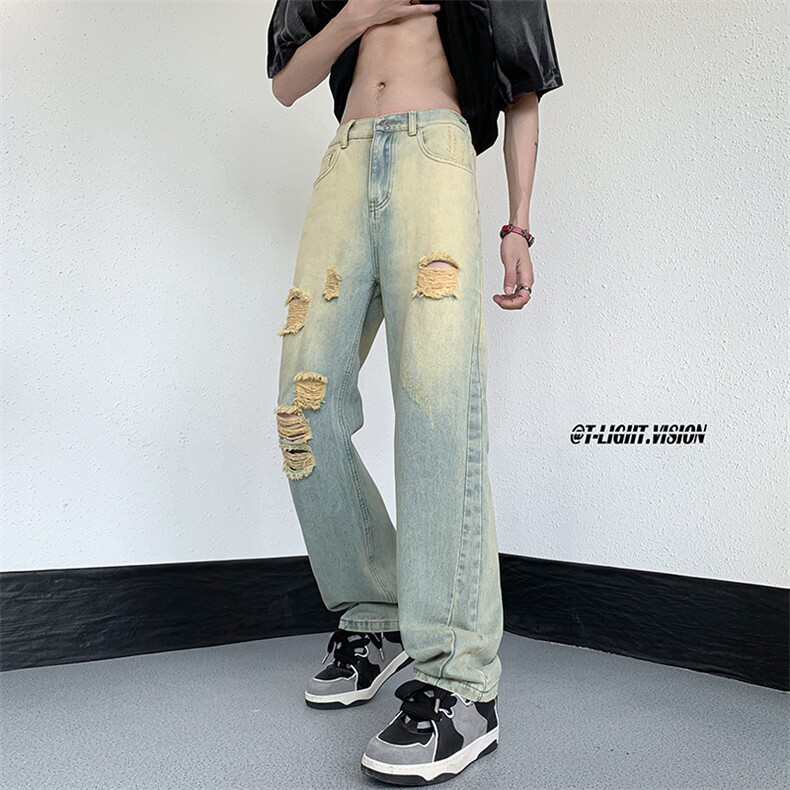 B221美式ins高街暗黑系设计感直筒破洞牛仔裤LK23075-P60控78,男装牛仔裤,电商B221