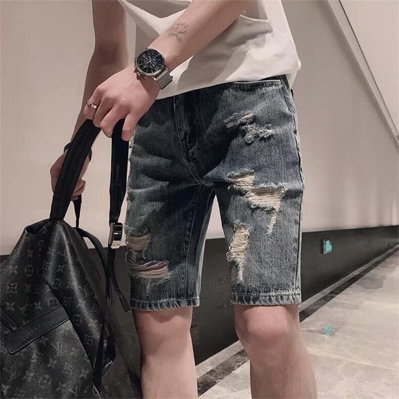 破洞牛仔短裤男士夏季薄款2025新款休闲宽松水洗五分裤直筒马裤,男装休闲裤,电商B212（原钱塘6029）
