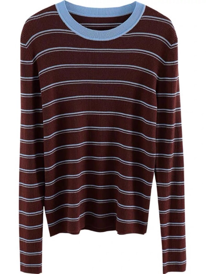 2025年秋季时尚百搭通勤简约休闲条纹圆领，女装针织衫/毛衣，晨旭羊绒